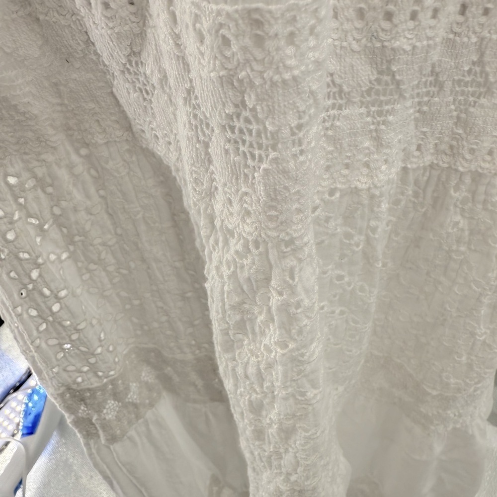 Magic White Eyelet Maxi Dress Collared Button Front Tiered Lace Boho Cottagecore - Picture 10 of 11